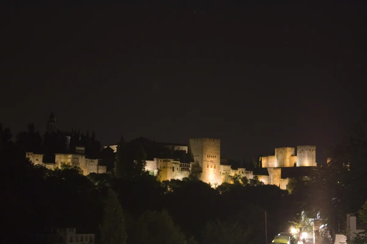 The Alhambra's towers and walls lit against a dark night sky, seen across trees from a Sacromonte lane